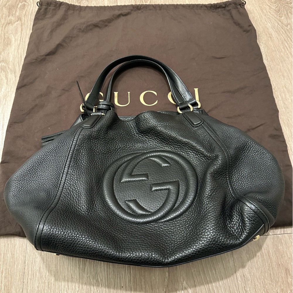 Gucci Soho Medium Tote Bag Black Leather Authentic Used